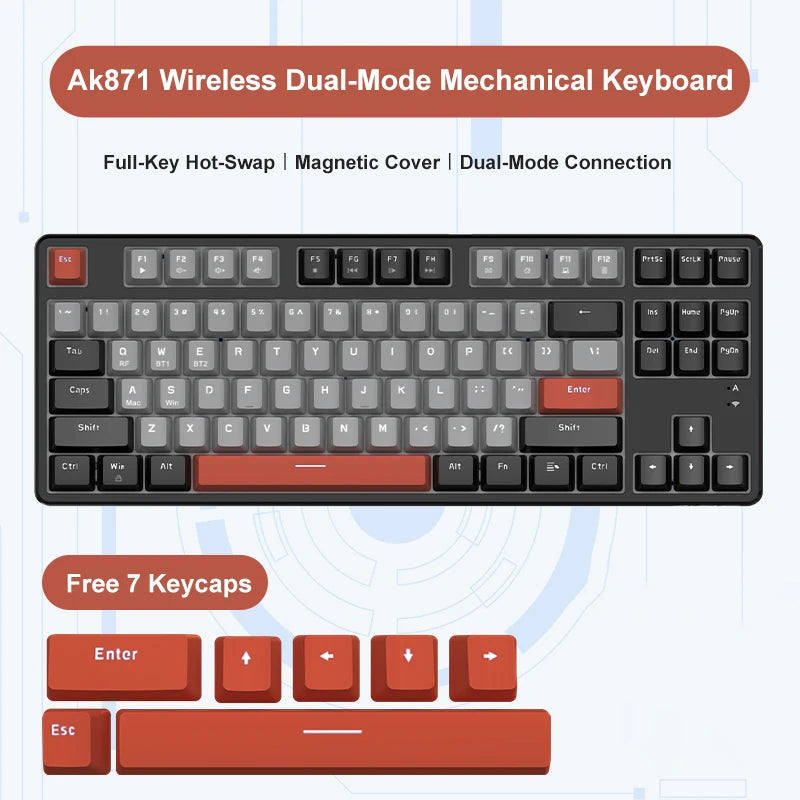 Ajazz-Teclado Gaming Mecânico, Hot Swappable, 87 Chaves, Sem Fio, 2.4g, Ergonômico, Hot Swap, Escritório, PC Gamer, AK871