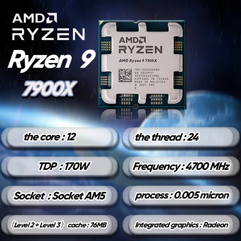 Amd-Ryzen 9 7900x r9 7900x, 4.7 ghz, 12 núcleos, cpu de 24 linhas, 5nm, l3 = 64m, 100-000000589, soquete am5, novo selado sem ventilador