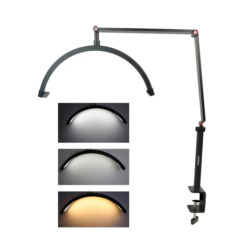 Andoer-Desktop LED Ring Light, Half-moon Shaped, Regulável, Salão de beleza, Maquiagem, Live Streaming, Desktop, HD-M3X, 3000K-6000K
