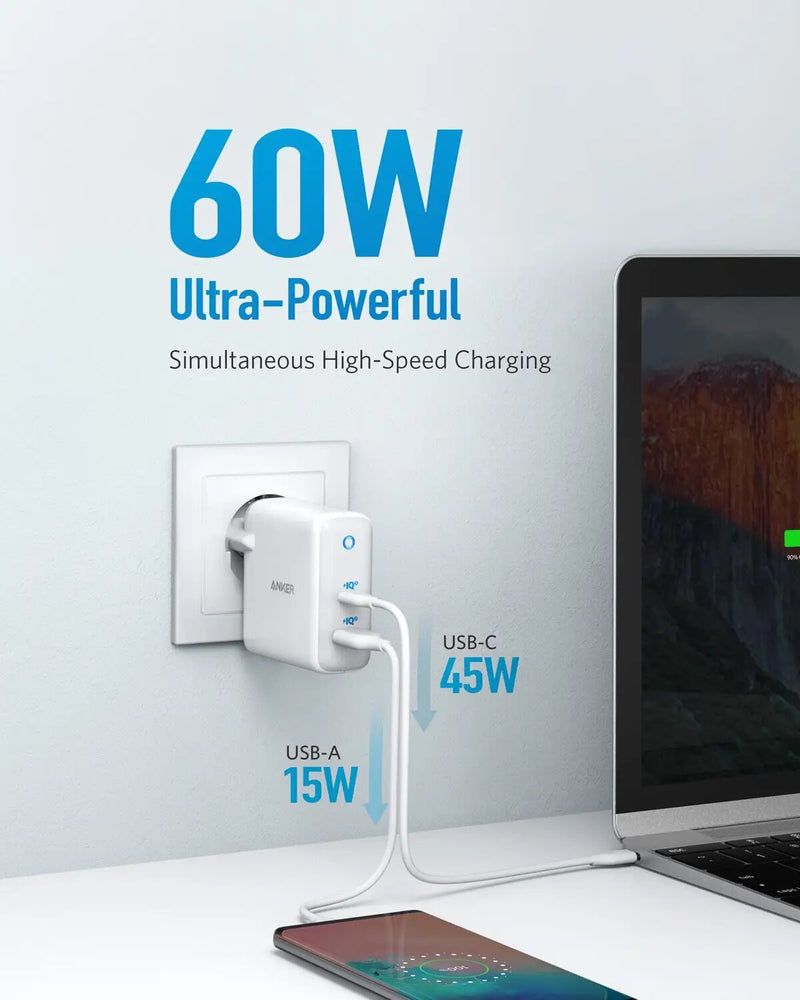 Anker-Carregador USB C Dual Port, 60W, PIQ 3.0, GaN Tech, 2 Portas, PowerPort, Atom III, Carregador de Viagem com 45W
