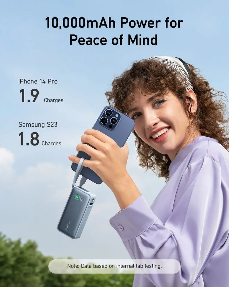 Anker-Nano Power Bank portátil, 10000mAh, PD, 30W, bateria sobressalente, banco de potência portátil, cabo USB-C embutido para iPhone 15, Android