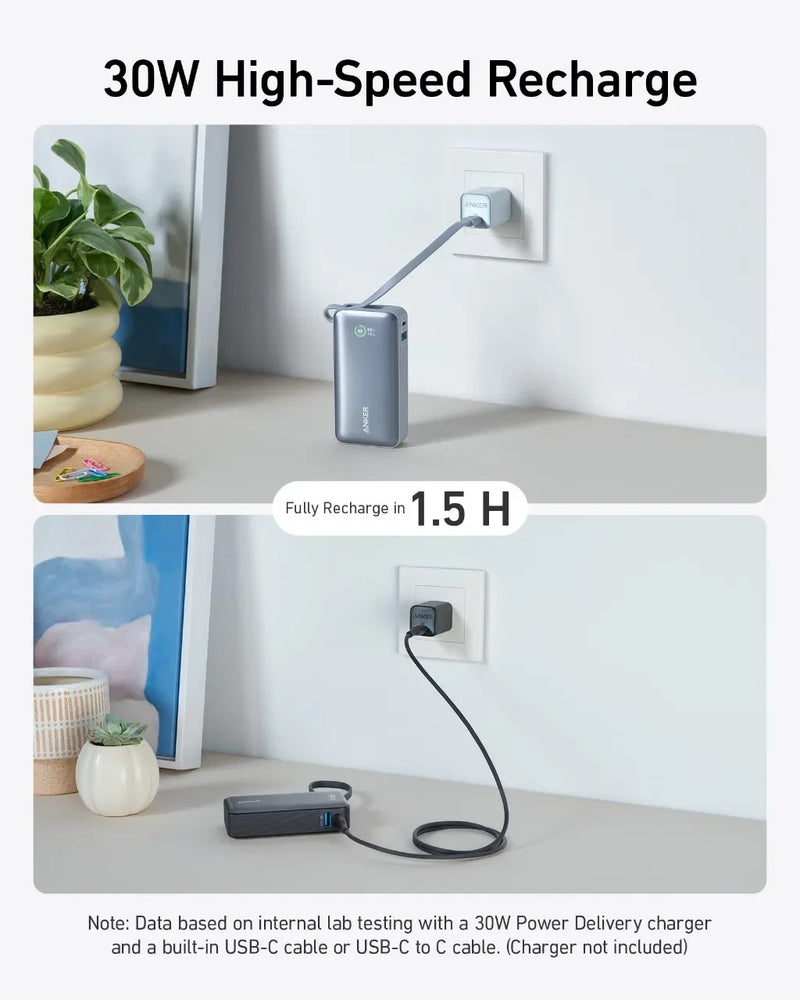 Anker-Nano Power Bank portátil, 10000mAh, PD, 30W, bateria sobressalente, banco de potência portátil, cabo USB-C embutido para iPhone 15, Android