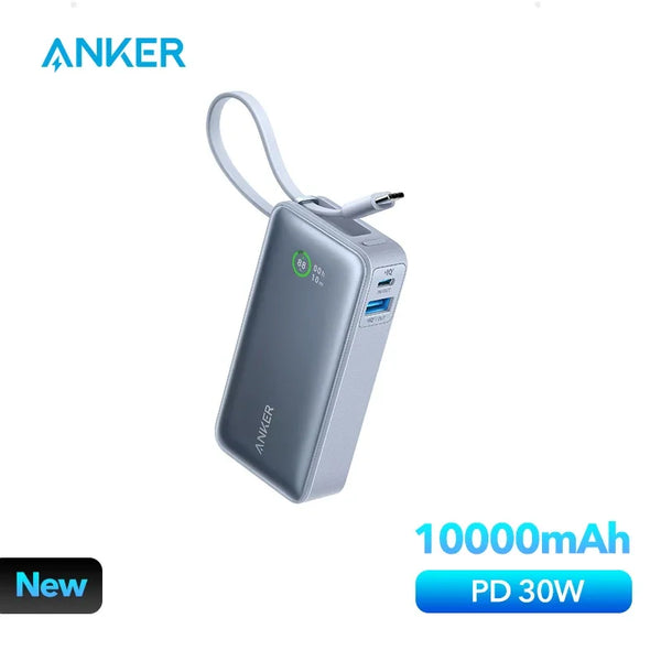 Anker-Nano Power Bank portátil, 10000mAh, PD, 30W, bateria sobressalente, banco de potência portátil, cabo USB-C embutido para iPhone 15, Android