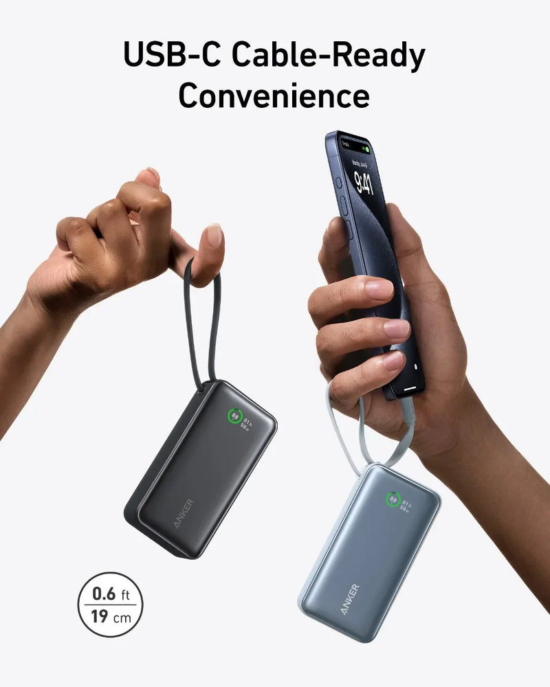Anker-Nano Power Bank portátil, 10000mAh, PD, 30W, bateria sobressalente, banco de potência portátil, cabo USB-C embutido para iPhone 15, Android
