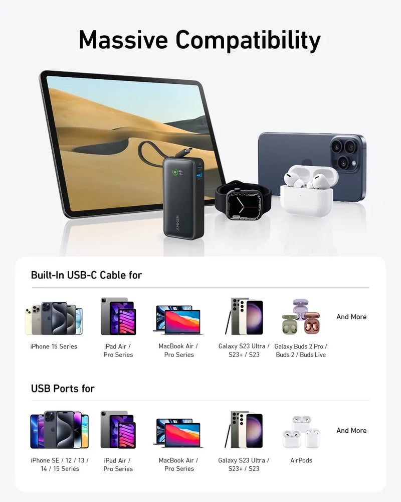 Anker-Nano Power Bank portátil, 10000mAh, PD, 30W, bateria sobressalente, banco de potência portátil, cabo USB-C embutido para iPhone 15, Android