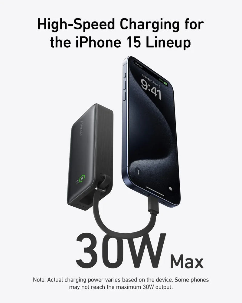 Anker-Nano Power Bank portátil, 10000mAh, PD, 30W, bateria sobressalente, banco de potência portátil, cabo USB-C embutido para iPhone 15, Android