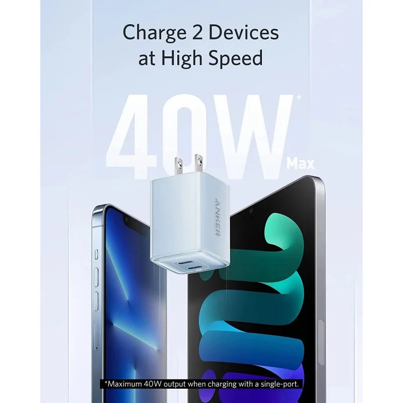 Anker-Nano Pro Carregador Rápido Compacto de Porta Dupla, Carregador USB C para iPhone 14 e 13 Mini,Xiaomi, 40W, PIQ 3.0, 521