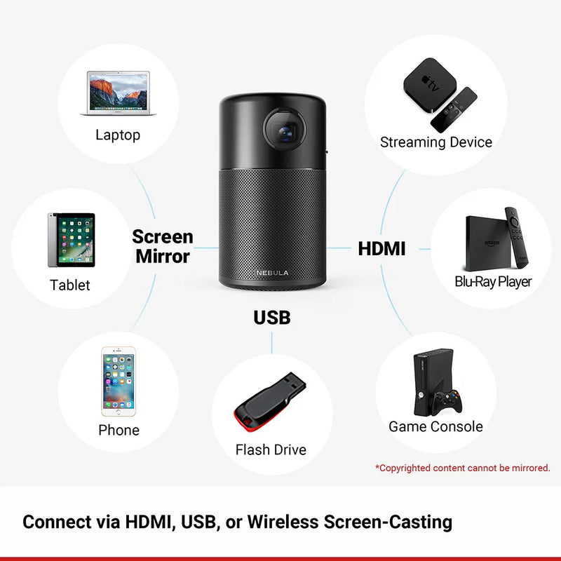 Anker-mini projetor com alto-falante 360 ", projetor inteligente, portátil, wi-fi, filme, com dlp, android 7.1 e aplicativo, 100 polegadas