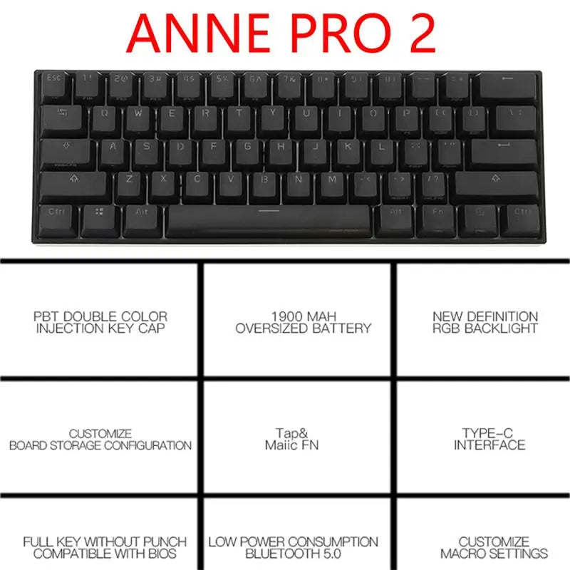 Anne pro 2 rgb teclado mecânico do jogo, 61 chaves, sem fio, bluetooth 5.0, interruptor azul, portátil, destacável, mini