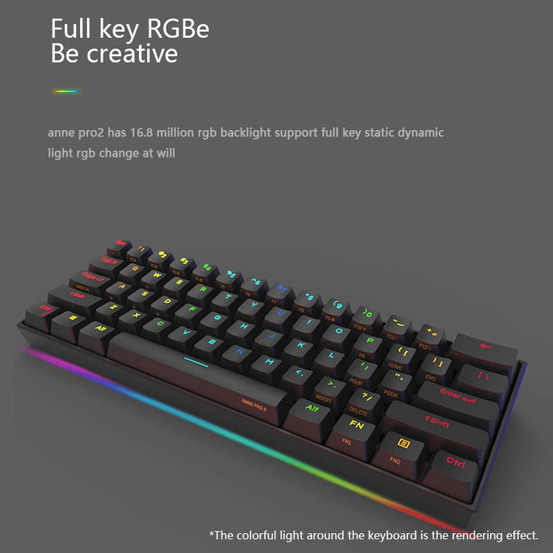 Anne pro 2 rgb teclado mecânico do jogo, 61 chaves, sem fio, bluetooth 5.0, interruptor azul, portátil, destacável, mini