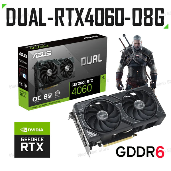 Asus-Placa Gráfica RTX4060 Dupla, Placa de Vídeo Desktop, GPU NVIDIA 40 Series, 128Bit, PCI Express 4.0, O8G, 8GB GDDR6, 17 Gbps