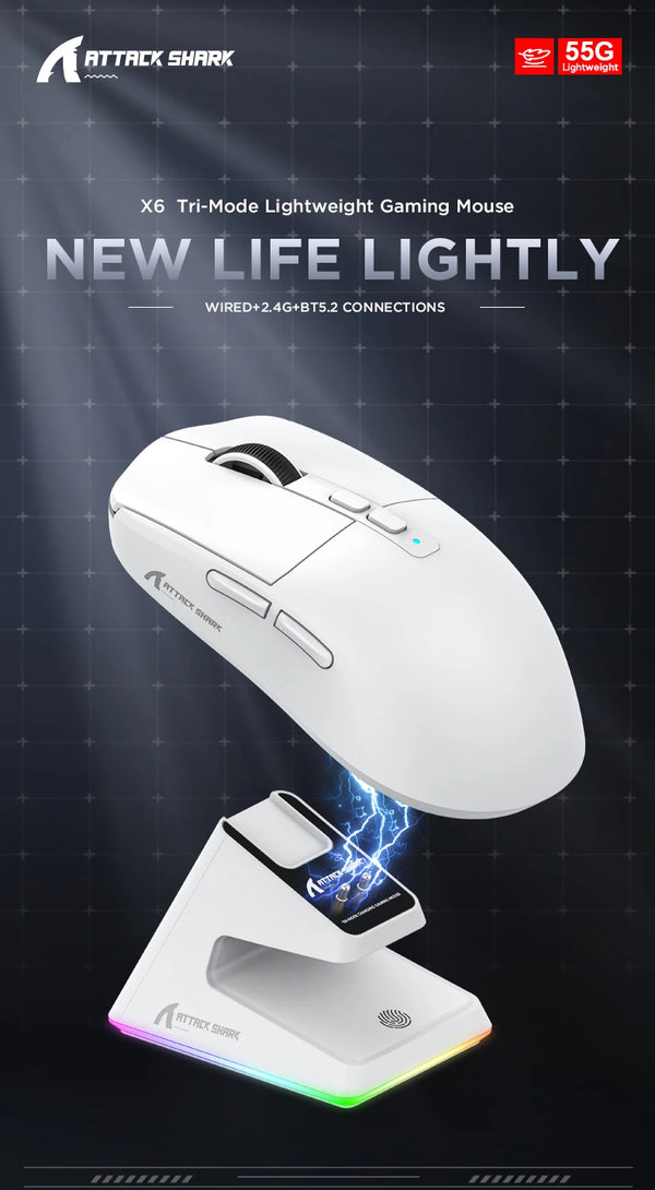 Ataque Tubarão X6 Tri-Mode Conexão Bluetooth Mouse RGB Touch Base de carregamento magnético, Macro Gaming Mouse, PAW3395