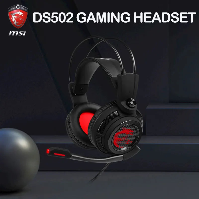 Auscultadores Gamer com fio ergonómicos, MSI DS502 Gaming Headset LED com Microfone, HiFi 7.1 para Laptop, Redução de Ruído RGB, PC Gamer