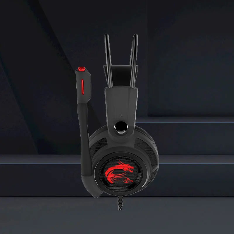 Auscultadores Gamer com fio ergonómicos, MSI DS502 Gaming Headset LED com Microfone, HiFi 7.1 para Laptop, Redução de Ruído RGB, PC Gamer