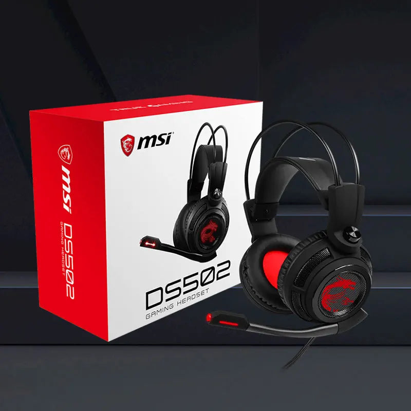 Auscultadores Gamer com fio ergonómicos, MSI DS502 Gaming Headset LED com Microfone, HiFi 7.1 para Laptop, Redução de Ruído RGB, PC Gamer