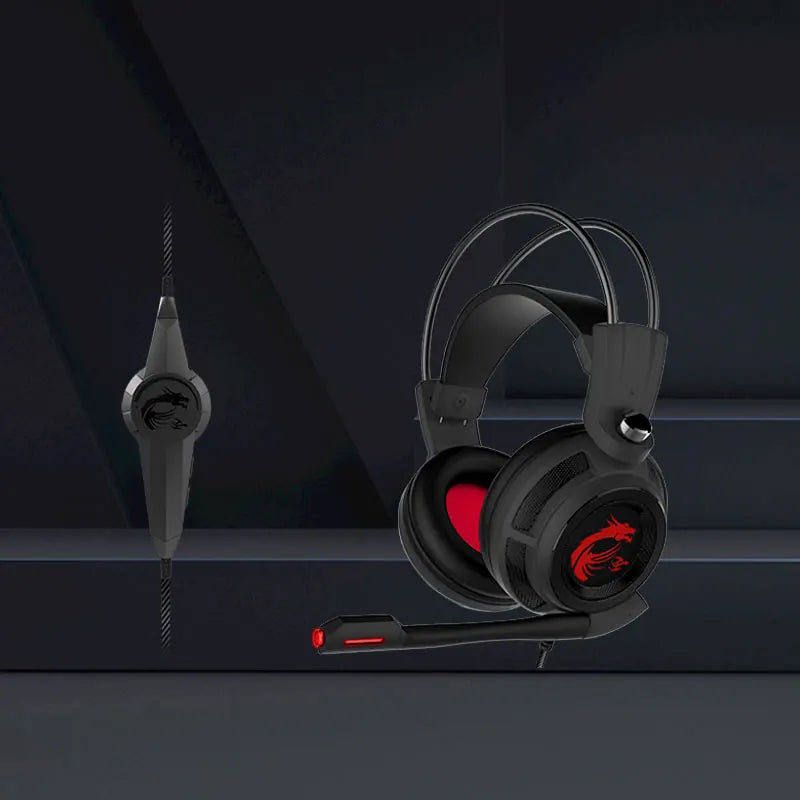 Auscultadores Gamer com fio ergonómicos, MSI DS502 Gaming Headset LED com Microfone, HiFi 7.1 para Laptop, Redução de Ruído RGB, PC Gamer