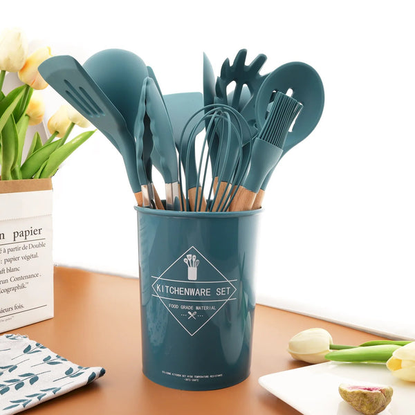 Azul resistente ao calor utensílios de cozinha de silicone conjunto de utensílios de cozinha antiaderente utensílios de cozinha ferramentas de cozimento com caixa de armazenamento