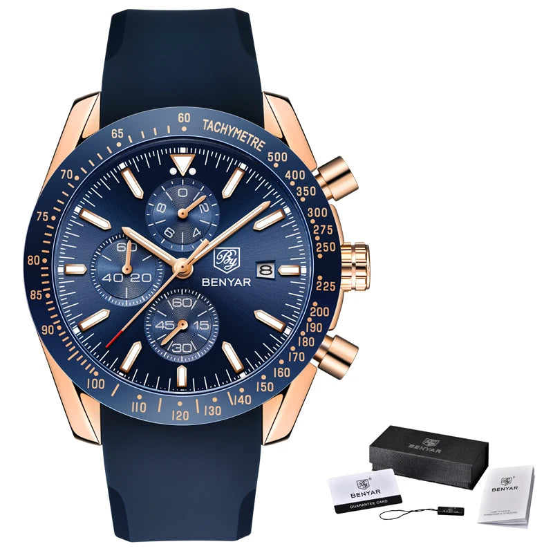 BENYAR-Relógio Masculino Quartz Cronógrafo Militar, Relógios Esportivos Impermeáveis, Marca de Luxo, Silicone Strap, Relógio