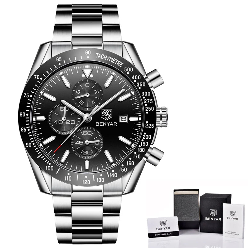 BENYAR-Relógio Masculino Quartz Cronógrafo Militar, Relógios Esportivos Impermeáveis, Marca de Luxo, Silicone Strap, Relógio