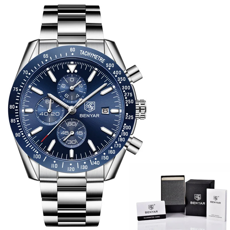 BENYAR-Relógio Masculino Quartz Cronógrafo Militar, Relógios Esportivos Impermeáveis, Marca de Luxo, Silicone Strap, Relógio