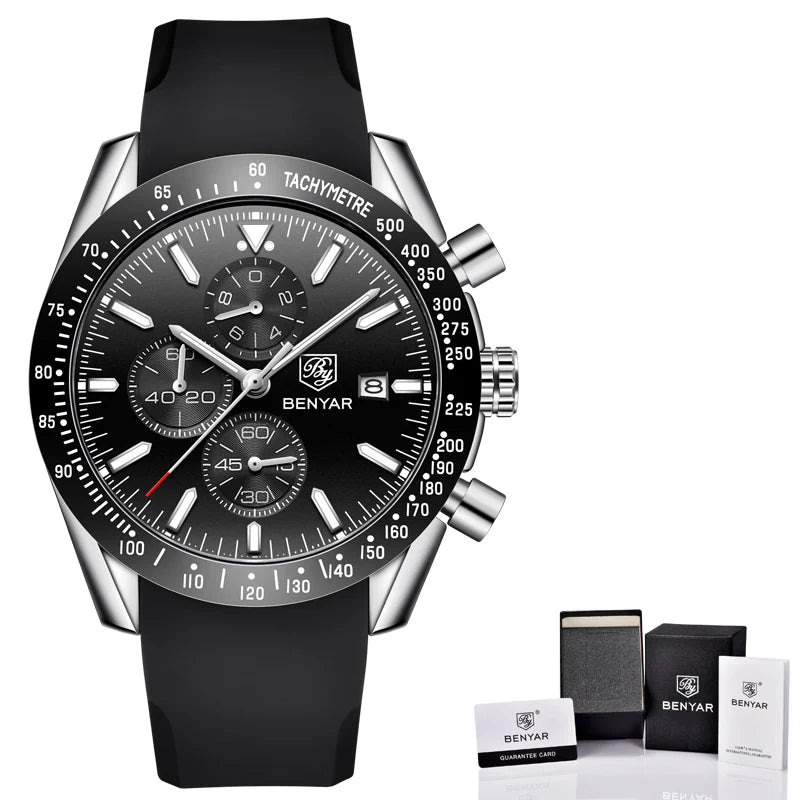 BENYAR-Relógio Masculino Quartz Cronógrafo Militar, Relógios Esportivos Impermeáveis, Marca de Luxo, Silicone Strap, Relógio