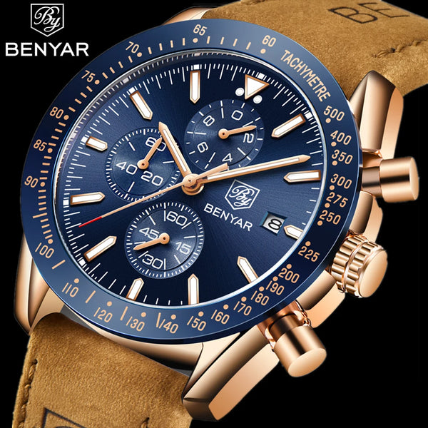 BENYAR-Relógio Masculino Quartz Cronógrafo Militar, Relógios Esportivos Impermeáveis, Marca de Luxo, Silicone Strap, Relógio