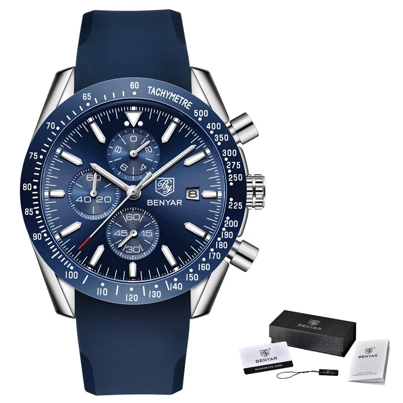 BENYAR-Relógio Masculino Quartz Cronógrafo Militar, Relógios Esportivos Impermeáveis, Marca de Luxo, Silicone Strap, Relógio