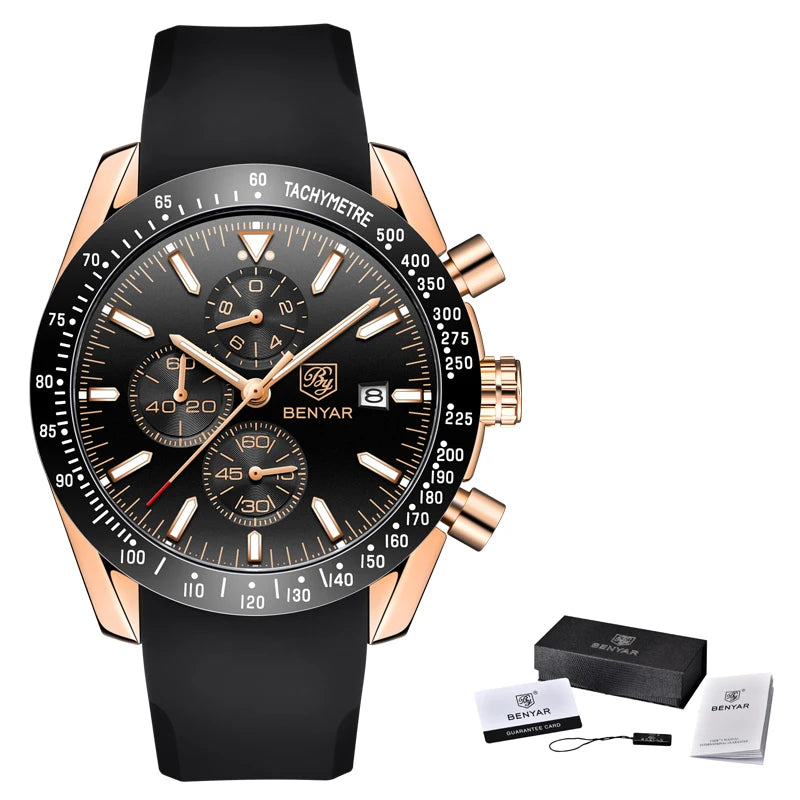 BENYAR-Relógio Masculino Quartz Cronógrafo Militar, Relógios Esportivos Impermeáveis, Marca de Luxo, Silicone Strap, Relógio