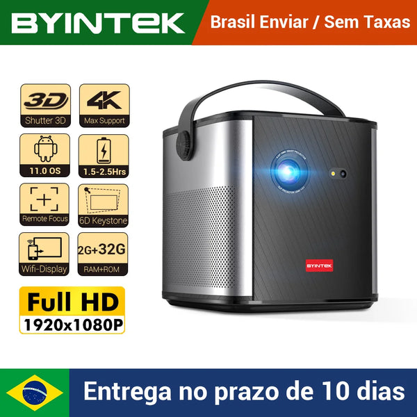 BYINTEK-Mini Projetor Portátil DLP Inteligente, Home Theater, Projetor de Vídeo com Bateria, 3D, Cinema 4K, Android 11.0, WiFi, 1080P, U80