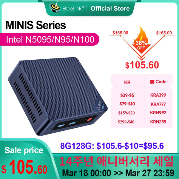 Beelink Desktop Gaming Computer, Mini S, Intel, 11th Gen, N5095, N100, S12 Pro, DDR4, 8GB, 128GB, SSD, N95 VS, GK3V, J4125