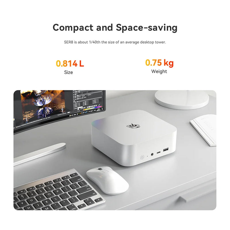 Beelink-Poderoso Mini Computador de Jogos, SER8 AI PC, AMD Ryzen 7, 8845HS, 32G, DDR5, 1T, SSD NVME, Suporta WiFi 6, 2.5Gbps LAN