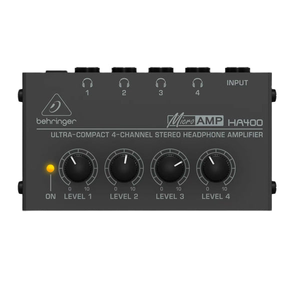 Behringer-HA400 Ultra-Compact 4 Canais Stereo Headphone Amplificador, Power Adapter, Preto para Estúdio e Palco