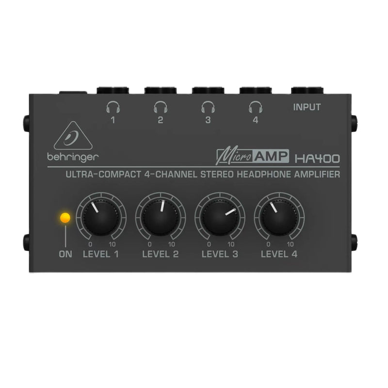 Behringer-HA400 Ultra-Compact 4 Canais Stereo Headphone Amplificador, Power Adapter, Preto para Estúdio e Palco