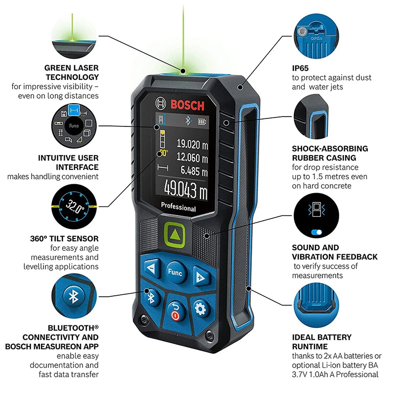 Bosch-Instrumento profissional de medição a laser, telêmetro a laser verde, regra de medição eletrônica, IP65 Bluetooth, GLM 50-27, CG 50M