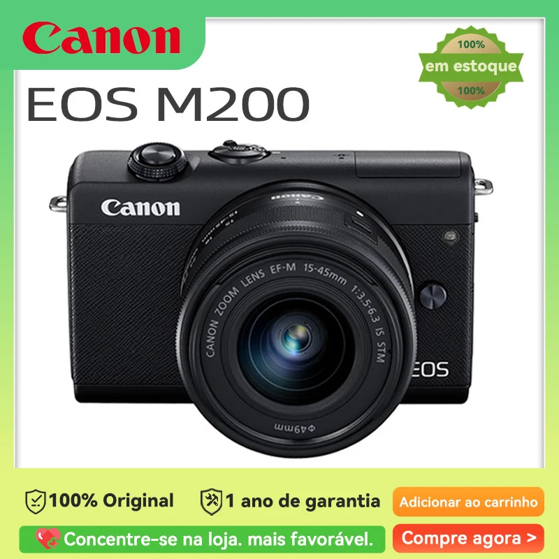 Câmera Digital Canon-EOS M200 Mirrorless, EF-M 15-45mm, lente IS STM, câmera compacta, fotografia profissional, original