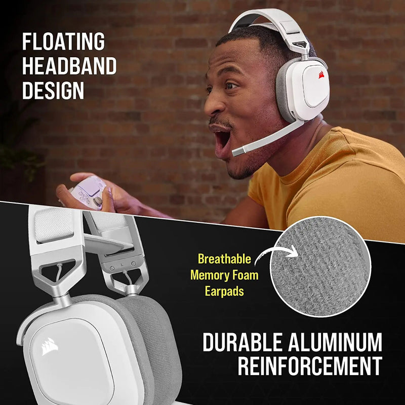 CORSAIR-HS80 RGB Wireless Premium Gaming Headset, áudio espacial, funciona com Mac, PC, PS5, PS4, carbono, branco