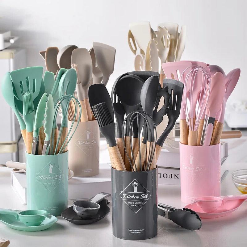 Conjunto de utensílios de cozinha de silicone resistente ao calor, utensílios de cozinha antiaderentes, ferramentas de cozimento com caixa de armazenamento, 14 peças