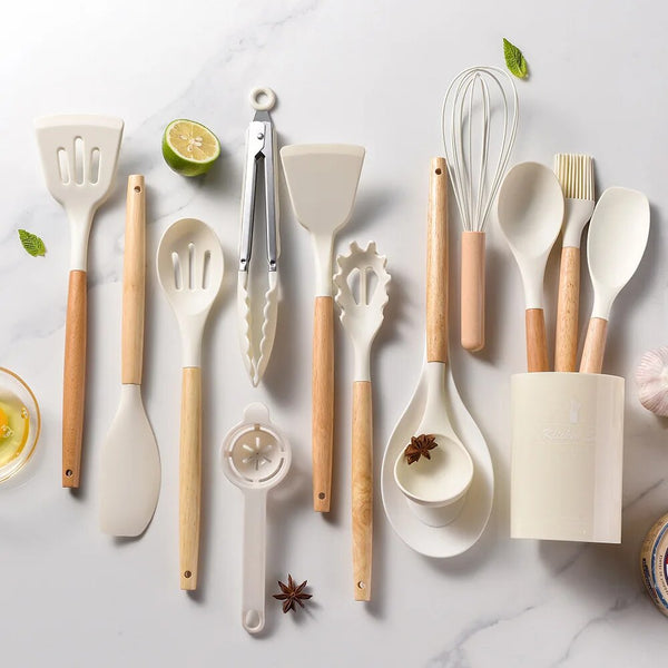 Conjunto de utensílios de cozinha de silicone resistente ao calor, utensílios de cozinha antiaderentes, ferramentas de cozimento com caixa de armazenamento, 14 peças