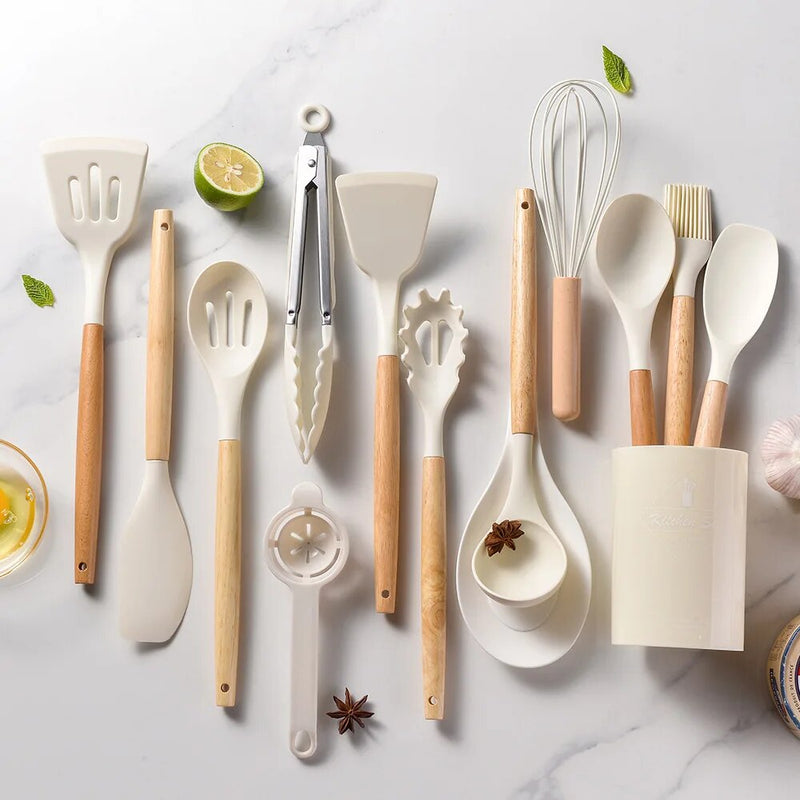 Conjunto de utensílios de cozinha de silicone resistente ao calor, utensílios de cozinha antiaderentes, ferramentas de cozimento com caixa de armazenamento, 14 peças