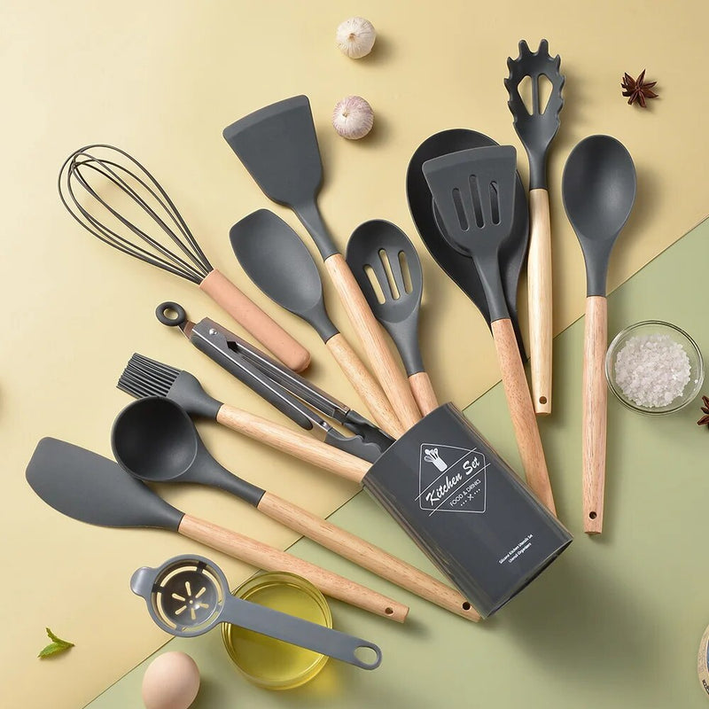 Conjunto de utensílios de cozinha de silicone resistente ao calor, utensílios de cozinha antiaderentes, ferramentas de cozimento com caixa de armazenamento, 14 peças