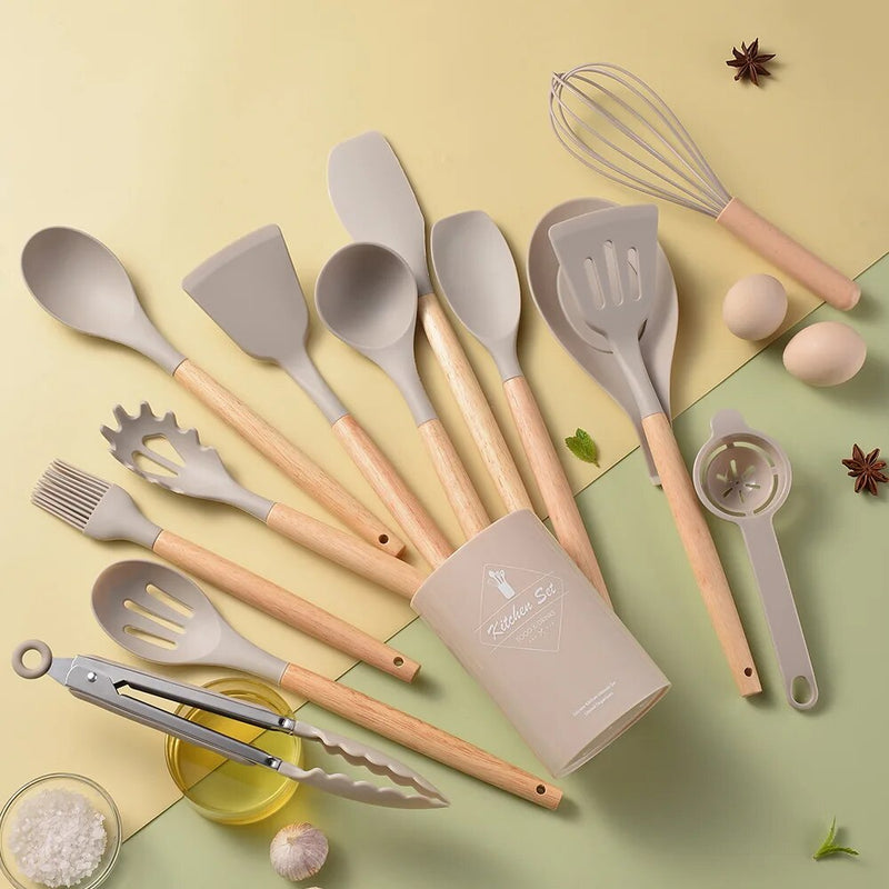 Conjunto de utensílios de cozinha de silicone resistente ao calor, utensílios de cozinha antiaderentes, ferramentas de cozimento com caixa de armazenamento, 14 peças