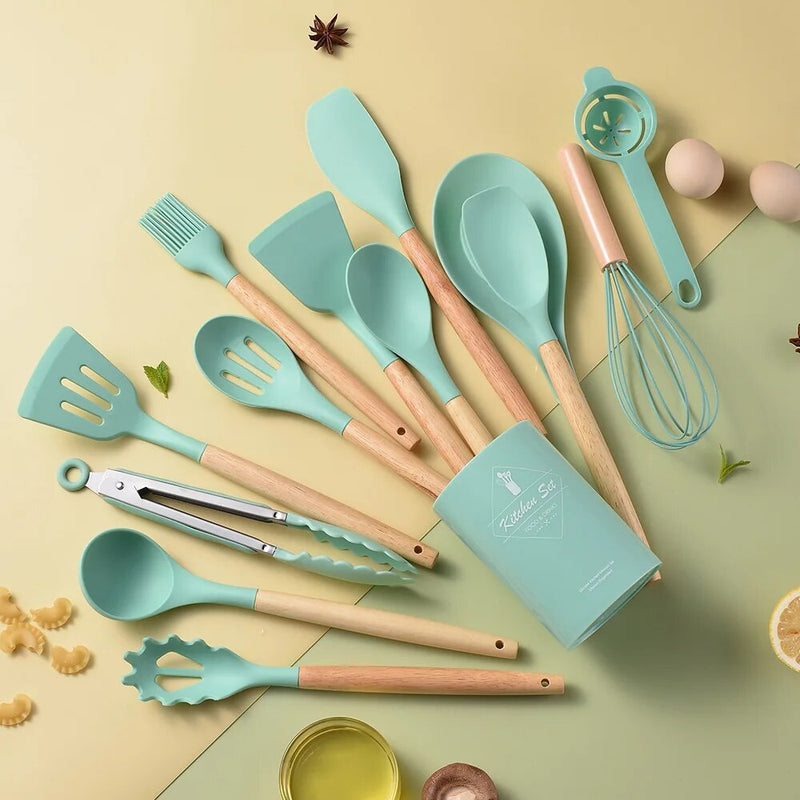 Conjunto de utensílios de cozinha de silicone resistente ao calor, utensílios de cozinha antiaderentes, ferramentas de cozimento com caixa de armazenamento, 14 peças