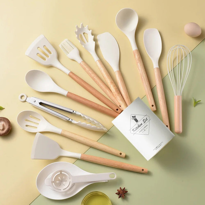 Conjunto de utensílios de cozinha de silicone resistente ao calor, utensílios de cozinha antiaderentes, ferramentas de cozimento com caixa de armazenamento, 14 peças