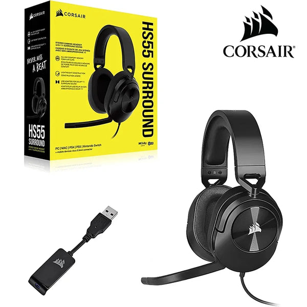 Corsair-HS55 Surround Gaming Headset, Leatherette Memory Foam Ear Pads, Dolby Audio 7.1, Som no PC e Mac