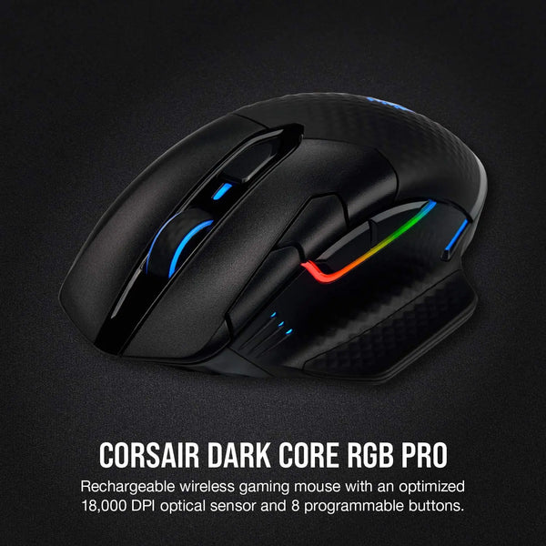 Corsair escuro núcleo rgb pro se, sem fio fps/moba gaming mouse com tecnologia de slipstream, preto, retroiluminado rgb led, 18000 dpi