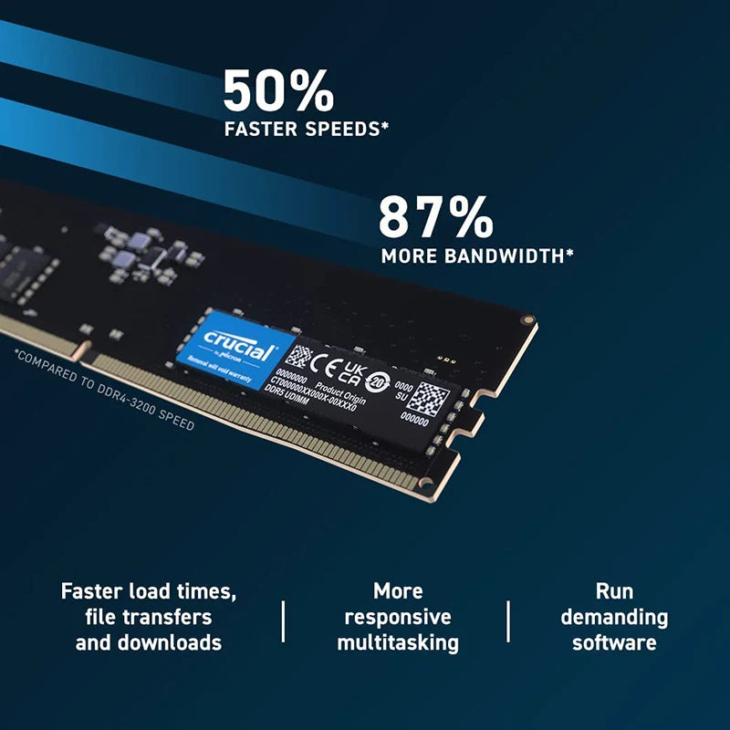 Crucial DDR5 Desktop Memory, 100% RAM Original, 16GB, 32GB, 4800MHz, 5200MHz, 5600MHz