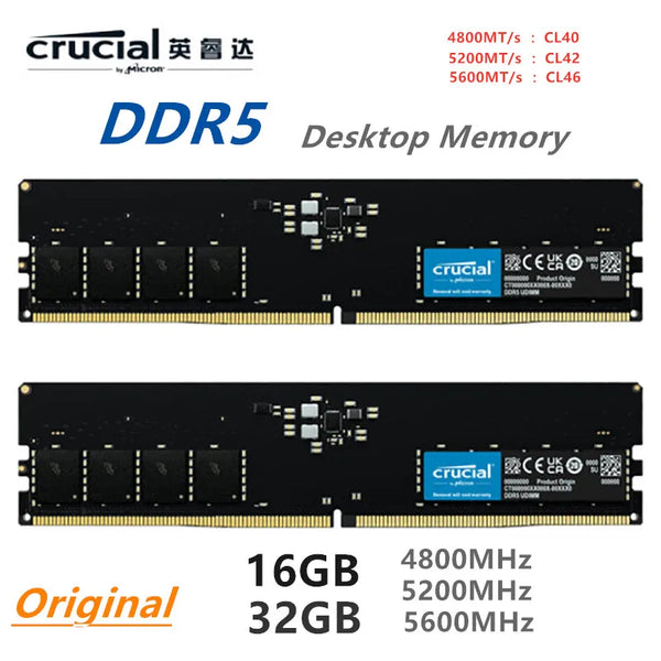 Crucial DDR5 Desktop Memory, 100% RAM Original, 16GB, 32GB, 4800MHz, 5200MHz, 5600MHz