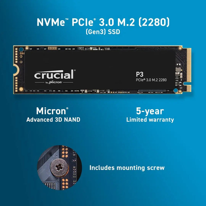 Crucial P3 500GB 1TB 2TB SSD PCIe Gen3 3D NAND NVMe M.2, até 3.500 MB/s