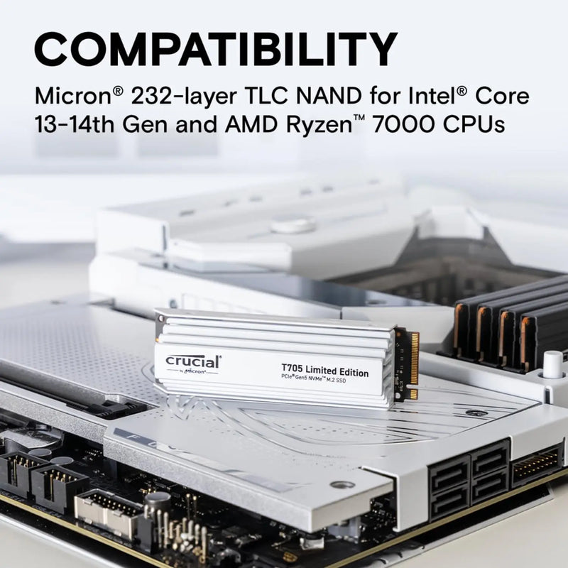 Crucial T705 2TB SSD PCIe Gen5 NVMe com dissipador de calor branco, edição limitada, SSD interno, até 14.500 mbps, Novo, 2022