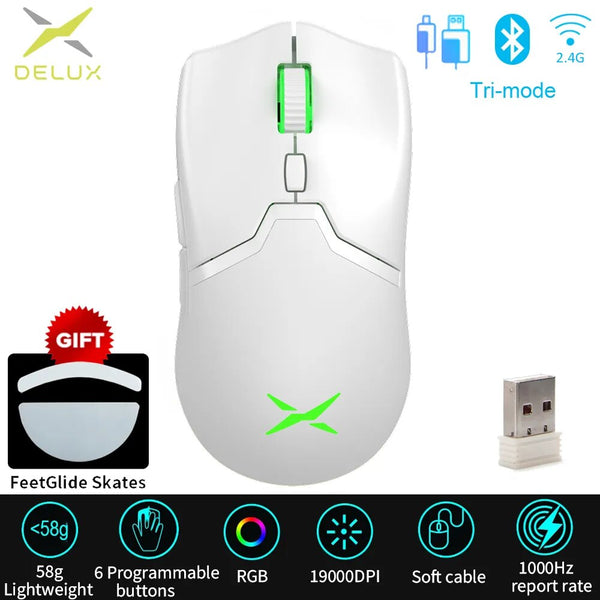 DELUX-M800 PRO PAW3370 Mouse para jogos sem fio, programável, ergonômico, tipo C, recarregável, Windows, Mac, com fio, branco